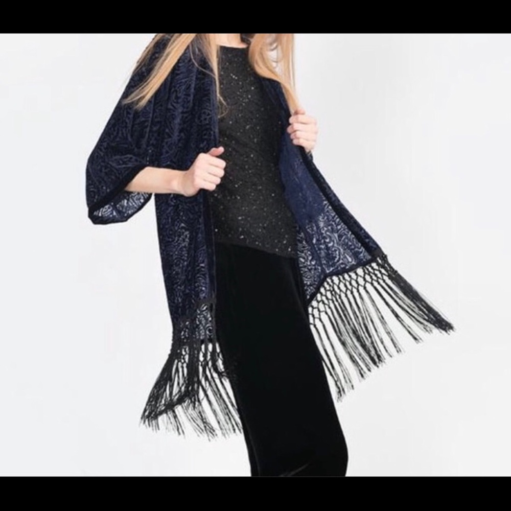 Zara Navy Blue Velvet Sheer Kimono Size M